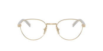 Das Bild zeigt die Prada Brille B53V in Hellgold von vorne.